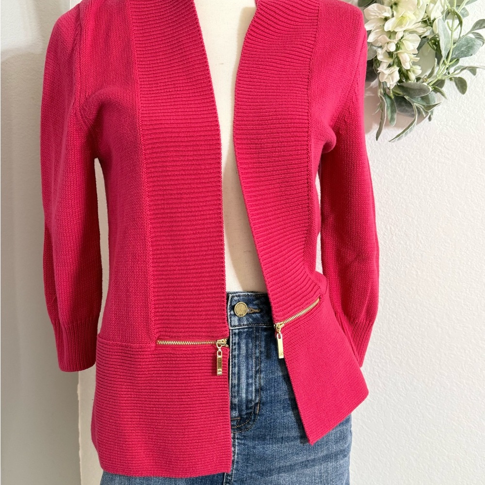 Ivanka Trump Fuchsia Pink Shawl Neck, Open Cardigan with Gold Zippers, Sz M - Picture 11 of 11